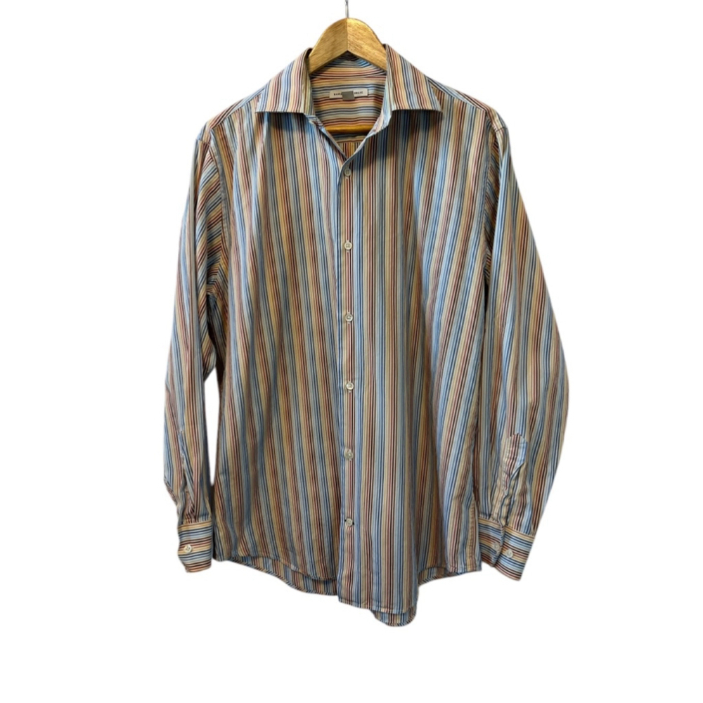 MENS BANANA REPUBLIC Brown & Blue Striped Button Up Collared Dress Shirt M